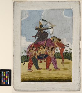 Ein Elefant, zusammengesetzt aus tanzenden Frauen, dient als Reittier für einen Bogenschützen, ca. 1825 von Indian School