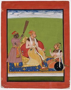 Bhao Singh thront mit einem Adligen zu seinen Füßen, ca. 1680