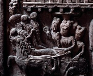 Buddhismus: „Prasenjits letzter Besuch bei Buddha“ Detail des Stupa von Bharhut. Flachrelief aus schwarzem Stein, 2. Jahrhundert v. Chr. - Kolkata, Indian Museum
