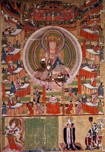 Buddhismus: Der Bodhisattva Ti-tsang, Meister der Sechs Zustände und Zehn Könige der Hölle. Gemälde von 983, Indien. Paris, Guimet Museum, Nationalmuseum für Asiatische Kunst