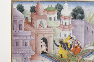 (Detail) Krishna spaltet den Dämon Narakasura mit seinem Diskus, ca. 1585-90 von Indian School