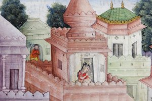 (Detail) Krishna spaltet den Dämon Narakasura mit seinem Diskus, ca. 1585-90 von Indian School