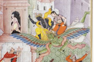 (Detail) Krishna spaltet den Dämon Narakasura mit seinem Diskus, ca. 1585-90 von Indian School