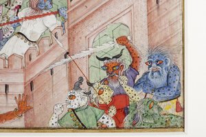 (Detail) Krishna spaltet den Dämon Narakasura mit seinem Diskus, ca. 1585-90 von Indian School