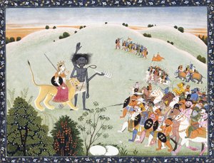 Durga und Kali vor der vorrückenden Dämonenarmee, um 1800-1820