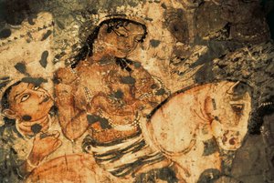 Figur einer Frau auf dem Rücken eines Pferdes, Wandmalerei in den Ajanta-Höhlen (Nummer 1), Gupta-Periode, 5.-6. Jahrhundert von Indian School