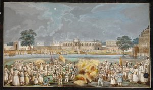 Feuerwerk bei hellem Mondschein vor dem Agna Mahal, Teil des Palastes des Nawab am Fluss in Murshidabad von Indian School