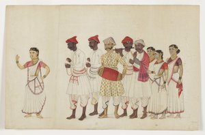 Vier Tänzerinnen in Prozession mit Musikern, ca. 1830