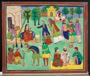 Gouache eines Amritsar-Künstlers, der das Rauchen von Charras darstellt, eine Art indischer Hanf, der aus Ostturkestan nach Nordindien importiert wurde