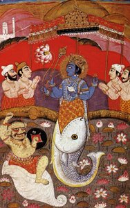 HINDUISMUS Vishnu, zweite Gottheit der hinduistischen Dreifaltigkeit, 20. Jahrhundert (Druck) von Indian School