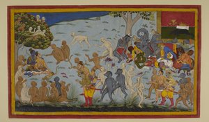 Hanumān und Vibhīṣaṇa bringen den verwundeten Lakṣmaṇa zu Rāma, der ihn heilt von Indian School