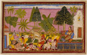 Hanuman greift die Dämonen an, zerstört den Lustgarten und besiegt Ravanas Truppen, während Sita zusieht