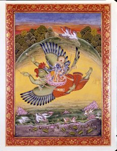 Hinduismus: Darstellung des Vogels Garuda, der Vishnu und seine Frau Lakhmi trägt