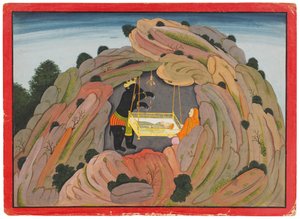 Illustration zum Bhagavata Purana: Jambavan gibt seiner Tochter das Symantaka-Juwel zum Spielen, ca. 1760-65 von Indian School
