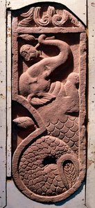 Indische Kunst: „Ein Fischschwanz-Elefant“ Periode Kouchane (Kushan oder Kouchan) aus Sonkh, Mathura. 1. Jahrhundert n. Chr. Mathura, Archäologisches Museum von Indian School