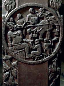 Indische Kunst, Hinduismus: Flachrelief, das Affen zeigt, die einem Riesen mit Elefanten einen Zahn herausreißen. 2. Jahrhundert v. Chr. Kolkata, Indian Museum