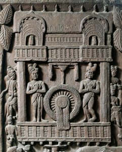 Indische Kunst, Hinduismus: Flachrelief, das den letzten Besuch von König Prasenjit II. bei Gautama Buddha darstellt. 2. Jahrhundert v. Chr. Kolkata, Indian Museum von Indian School