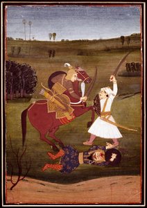 Indische Kunst: „Schlacht zwischen einem Prinzen zu Pferd und einem Krieger“ Miniatur der Schule von Bikaner (1765) von Indian School