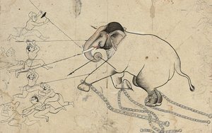 Isarda oder Kotah vorbereitende Zeichnung der Zähmung eines Elefanten, ca. 1720 von Indian School