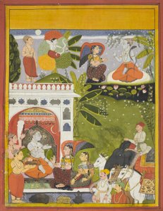 Kama schießt einen Liebespfeil auf Shiva, Seite aus einer Kopie des Gita-Gauri, Lied der Gauri, ca. 1675-80