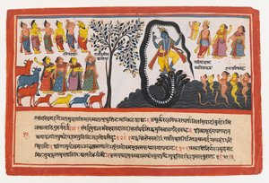 Krishna besiegt die Schlange Kaliya, Seite aus einer verstreuten Bhagavata Purana-Serie, ca. 1775
