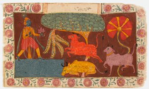 Krishna und Kühe an einem Teich, aus einem Bhagavata Purana