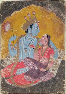 Krishna und Radha (ca. 1690-1700) (deckende Wasserfarben mit geprägtem Gold auf Papier)