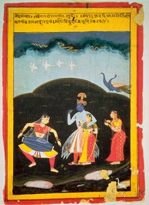 Krishna und Radha im Regen mit zwei Musikern, Rajasthan