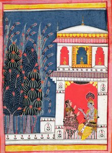Krishna und eine Dame in einem Pavillon