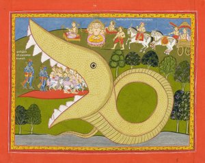 Krishna und die Kuhhirten betreten den Mund von Agasura von Indian School