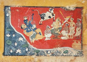 Krishna besiegt einen Dämon neben einem Fluss, ca. 1560