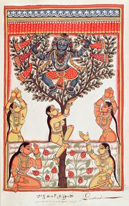 Krishna stiehlt die Kleider der Gopi, die im Fluss Yamuna schwimmen