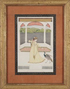 Dame, die einen Pfau mit einer Perlenkette lockt, ca. 1800