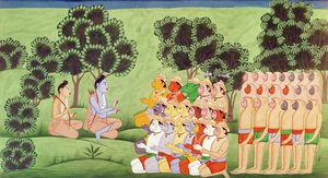 Lakshmana berät die Anführer der Affenarmeen, aus dem Ramayana von Indian School