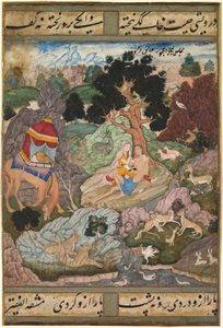 Layla und Majnun in der Wildnis mit Tieren, aus einem Khamsa (Quintett) von Amir Khusrau Dihlavi, ca. 1590-1600