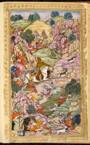 Der Kaiser Babur auf der Jagd, zwischen Ali Shang und Alangar, in der Region Kabul (Afghanistan). Miniatur aus dem persischen Manuskript Vaqi at i Baburi, Memoiren des Mogulkaisers Babur (Zahir ud din Muhammad) (1483-1530), Indien, um 1590. Die British Lib von Indian School