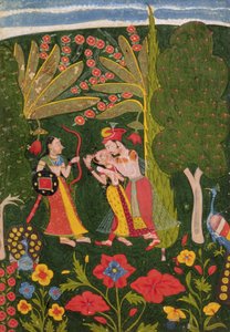 Liebende, die sich in einem Wald umarmen, Bundi, ca. 1650 (Gouache auf Pergament) von Indian School