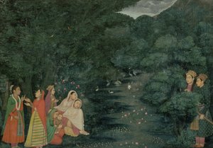MS 34.17 Frauen und ein Kind an einem Bach im Wald bei Nacht, beobachtet von zwei Edelleuten, Lucknow, Schule von Mihr Chand, ca. 1760