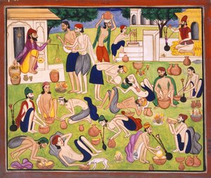 Männer rauchen Opium, sitzen oder liegen auf dem Boden, ca. 1870 von Indian School