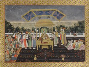 Nadir Shah auf dem Pfauenthron nach seiner Niederlage von Muhammad Shah