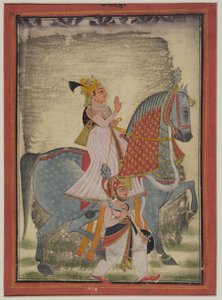Adliger von Mewar reitet auf Nur, begleitet von einem Sais zu Fuß, 1820