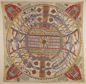 Ein Diagramm des Universums, mit Sanskrit- und Gujarati-Text