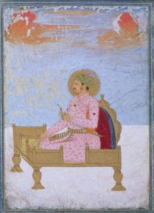 Porträt des Kaisers Jahangir auf einem Thron sitzend, einen Sarapesh haltend, Mughal von Indian School