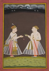 Wahrscheinlich ein Porträt von Rana Raj Singh von Udaipur (1661-81), der einem Adligen Pan anbietet, 1820
