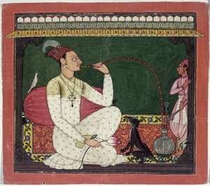 Raja Medini Pal, auf der Rückseite in Takari-Schrift beschriftet, Basohli, Himachal Pradesh, Pahari-Schule, 1735 von Indian School