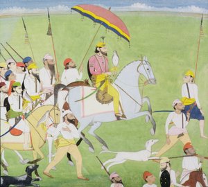 Rajah Dhian Singh (1796-1840) jagt mit Begleitern, ca. 1834-40 von Indian School