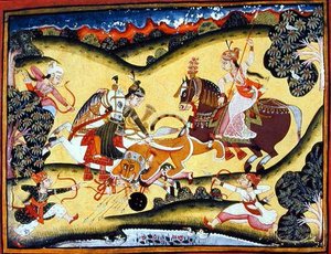 Rajput-Prinzessinnen töten einen Löwen, Bundi-Schule, ca. 1810-20 von Indian School