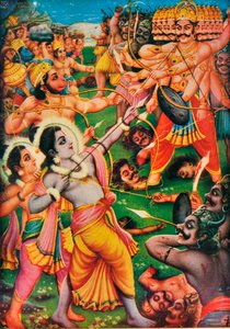 Rama und Hanuman kämpfen gegen den Dämon Ravana, Szene aus dem Ramayana von Indian School