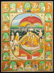 Rama und Sita auf dem Thron, verehrt von Shiva, Hanuman und anderen, 1800-20 von Indian School