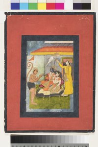 Rama und Sita auf dem Thron, verehrt von Hanuman; Lakshmana hält einen Morchal von Indian School